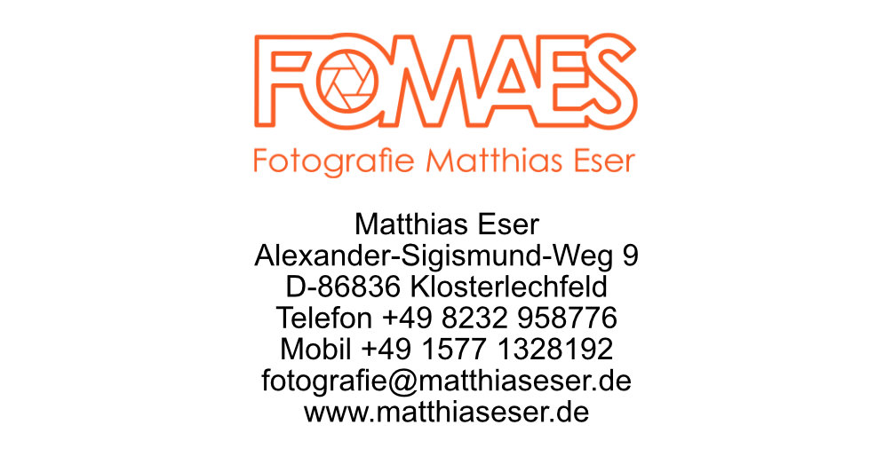 Hier stehen die Kontaktdaten von FOMAES: Fotografie Matthias Eser. Für einen schnellen Kontakt schreiben Sie bitte eine Mail an fotografie@matthiaseser.de